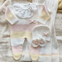 Saída Maternidade Tricot Colors Listras - Branco / Rosa Bebê / Amarelo - 02 peças