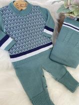 Saída Maternidade Tricot com Manta Macacão Losango Verde, Azul e Branco Roupas Infantis Moda Infantil Criança Recém Nascido