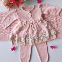 Saída maternidade vestido manta e calça em tricô
