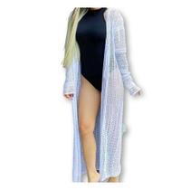 Saída moda praia feminina tricot longa kimono manga longa