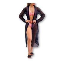 Saída moda praia manga longa tricot longa kimono feminino