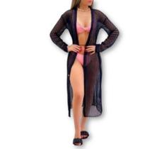 Saída moda praia tricot longa kimono manga longa