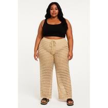 Saida Praia Calça Plus Size Piscina Passeio Trico Modal Crochê Confortável Cintura Alta com Ajuste