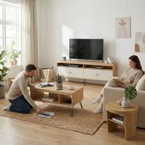Sala de Estar Conjunto Rack Tv 65'' Mesa Apoio e Centro Liberty Carvalho Off White Sala de Estar Conjunto Rack Tv 65'' Mesa Apoio e Centro Liberty Carvalho Off White
