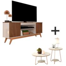 Sala de Estar Rack Malbu Wood com Mesa de Centro e Mesa Lateral Liz Off White Freijo