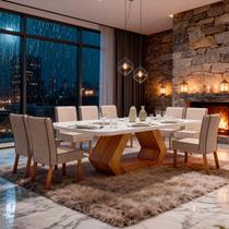 Sala de Jantar 220x110 Lottus MDF/Vidro Off 8 Cadeiras Bom Pastor