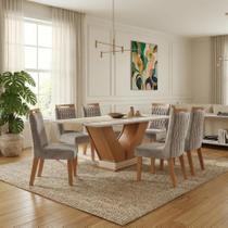 Sala de Jantar 6 Cadeiras Estofadas Atena e Mesa com Tampo MDF e Vidro Safira Cinamomo/Off White - LJ Móveis
