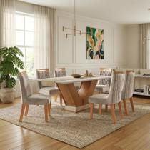 Sala de Jantar 6 Cadeiras Estofadas Atena e Mesa com Tampo Mdf e Vidro Safira Cinamomo/off White - LJ Móveis
