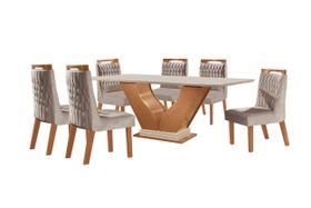 Sala de Jantar 6 Cadeiras Estofadas Atena e Mesa com Tampo MDF e Vidro Safira Cinamomo/Off White - LJ Móveis