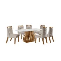 Sala de Jantar 6 Cadeiras Estofadas Atena e Mesa Retangular com Tampo de Vidro Nuance Castanho/Cinamomo/Bege
