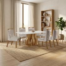 Sala de Jantar 6 Cadeiras Estofadas Atena e Mesa Retangular com Tampo de Vidro Nuance Castanho/Cinamomo/Bege Marrom/Pena/Off White Sala de Jantar 6 Cadeiras Estofadas Atena e Mesa Retangular com Tampo de Vidro Nuance Castanho/Cinamomo/Bege Marrom/Pena/Off White
