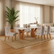 Sala de Jantar 6 Cadeiras Estofadas Atena e Mesa Retangular em MDF com Tampo de Vidro Miami Castanho/Cinamomo/Bege