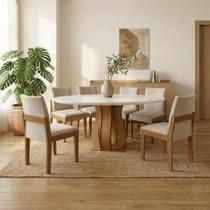 Sala de Jantar 6 Cadeiras Estofadas Mônaco e Mesa Redonda com Tampo de Vidro Nuance Yescasa Cinamomo/Creme/Off White