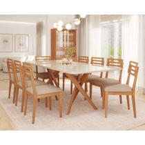 Sala De Jantar Cacau 2,10 Vidro 8 Cadeiras Madeira/Linho Bege