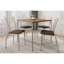 Sala de Jantar Completa 1545 Aço c/ Tampo Madeirado 87x87cm e 4 Cadeiras 1700 Prata/Freijo - Prata/Corano Cacau - Carraro