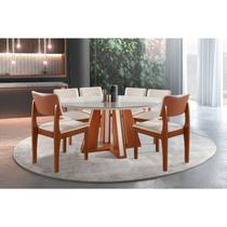 Sala de jantar completa 6 cadeiras moderna tampo de vidro redonda 1,35x1,35m - Turim - LJ Móveis