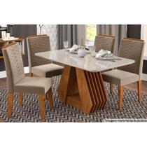 Sala de Jantar Completa Ágata c/ Tampo Madeirado 130cm e 4 Cadeiras Clarice Savana-Nature-Madeirado/Off White -Suede Joli Cap - Cimol