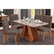 Sala de Jantar Completa Ágata Tampo Madeirado c/ Vidro 130X80 cm e 4 Cadeiras Nicole Savana/Nature-Suede Pluma/Joli Capuccino - Cimol
