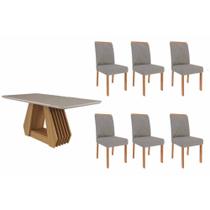 Sala de Jantar Completa Ágata Tampo Madeirado c/ Vidro 180x90cm e 6 Cadeiras Fernanda Nature/Off White - Carvalho/Linho Grafite - Cimol