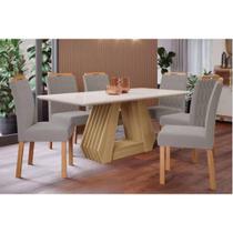 Sala de Jantar Completa Ágata Tampo Madeirado c/ Vidro 180x90cm e 6 Cadeiras Paola Nature/Off White - Carvalho/Linho Grafite - Cimol