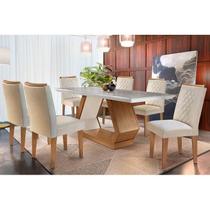 Sala de Jantar Completa Alvorada c/ Tampo Madeirado c/ Vidro Canto Reto 180cm + 6 Cadeiras Jade Imbuia/Veludo Creme - Rufato