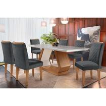 Sala de Jantar Completa Alvorada Tampo Madeirado c/ Vidro Canto Reto 180x90cm e 6 Cadeiras Jade Imbuia/Off White - Linho Grafite - Rufato