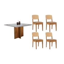 Sala de Jantar Completa Berlim c/ Tampo Madeirado c/ Vidro Canto Curvo 90x90cm e 4 Cadeiras Havana Premium Naturale/Off White - Linho Bege - Rufato Sala de Jantar Completa Berlim c/ Tampo Madeirado c/ Vidro Canto Curvo 90x90cm e 4 Cadeiras Havana Premium Naturale/Off White - Linho Bege - Rufato