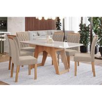 Sala de Jantar Completa Carol c/ Tampo Madeirado c/ Vidro 180cm + 6 Cadeiras Juliana Nature/Off White/Madeira/Linho Bege - Cimol
