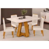 Sala de Jantar Completa Celeste Tampo Madeirado c/ Vidro Curvo 120x90cm e 4 Cadeiras Lia Cedro/Off White - Linho Neve - DJ Móveis Sala de Jantar Completa Celeste Tampo Madeirado c/ Vidro Curvo 120x90cm e 4 Cadeiras Lia Cedro/Off White - Linho Neve - DJ Móveis