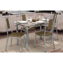 Sala de Jantar Completa Elba Aço c/ Tampo de Vidro 120x80cm e 4 Cadeiras Florença Cromada - Courano Capuccino - Kappesberg Sala de Jantar Completa Elba Aço c/ Tampo de Vidro 120x80cm e 4 Cadeiras Florença Cromada - Courano Capuccino - Kappesberg
