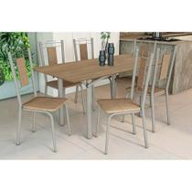 Sala de Jantar Completa Elba c/ Tampo de Madeira 160cm e 6 Cadeiras Florença Niquel/Nogueira - Courano Capuccino - Kappesberg