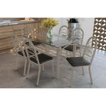 Sala de Jantar Completa Elba c/ Tampo de Vidro 120cm e 6 Cadeiras Holanda Niquel - Courano Preto - Kappesberg