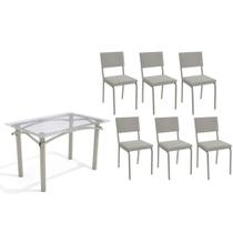 Sala de Jantar Completa Elba c/ Tampo de Vidro 120cm e 6 Cadeiras Zaria Niquel - Boucle Cinza - Kappesberg Sala de Jantar Completa Elba c/ Tampo de Vidro 120cm e 6 Cadeiras Zaria Niquel - Boucle Cinza - Kappesberg