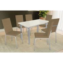 Sala de Jantar Completa Elba Tampo Madeirado c/ Vidro 120cm e 6 Cadeiras Amsterdã Cromada/Off White - Courano Capuccino - Kappesberg Sala de Jantar Completa Elba Tampo Madeirado c/ Vidro 120cm e 6 Cadeiras Amsterdã Cromada/Off White - Courano Capuccino - Kappesberg