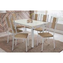Sala de Jantar Completa Elba Tampo Madeirado c/ Vidro 120cm e 6 Cadeiras Lisboa Cromada/Off White - Courano Capuccino - Kappesberg