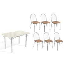 Sala de Jantar Completa Elba Tampo Madeirado c/ Vidro 120cm e 6 Cadeiras Noruega Cromada/Off White - Courano Capuccino - Kappesberg