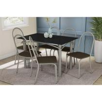 Sala de Jantar Completa Elba Tampo Madeirado c/ Vidro 120cm e 6 Cadeiras Noruega Niquel/Preto - Courano Marrom - Kappesberg Sala de Jantar Completa Elba Tampo Madeirado c/ Vidro 120cm e 6 Cadeiras Noruega Niquel/Preto - Courano Marrom - Kappesberg