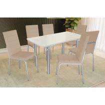 Sala de Jantar Completa Elba Tampo Madeirado c/ Vidro 160cm e 6 Cadeiras Amsterdã Cromada/Off White - Courano Bege - Kappesberg