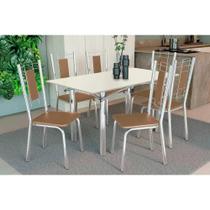 Sala de Jantar Completa Elba Tampo Madeirado c/ Vidro 160cm e 6 Cadeiras Florença Cromada/Off White - Courano Capuccino - Kappesberg Sala de Jantar Completa Elba Tampo Madeirado c/ Vidro 160cm e 6 Cadeiras Florença Cromada/Off White - Courano Capuccino - Kappesberg