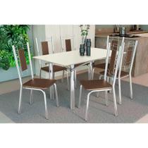 Sala de Jantar Completa Elba Tampo Madeirado c/ Vidro 160cm e 6 Cadeiras Florença Cromada/Off White - Courano Marrom - Kappesberg