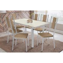 Sala de Jantar Completa Elba Tampo Madeirado c/ Vidro 160cm e 6 Cadeiras Lisboa Cromada/Off White - Courano Capuccino - Kappesberg Sala de Jantar Completa Elba Tampo Madeirado c/ Vidro 160cm e 6 Cadeiras Lisboa Cromada/Off White - Courano Capuccino - Kappesberg