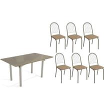Sala de Jantar Completa Elba Tampo Madeirado c/ Vidro 160cm e 6 Cadeiras Noruega Niquel/Freijo Bronze - Courano Capuccino - Kappesberg