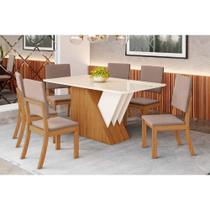 Sala de Jantar Completa Épic SC24 Tampo Madeirado c/ Vidro Canto Curvo 160x90cm e 6 Cadeiras Milla Nature/Veludo Light Marrom Amêndoa - Henn