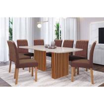 Sala de Jantar Completa Ester Tampo Madeirado c/ Vidro 210x100cm e 8 Cadeiras Paola Cinamomo/Off White - Carvalho/Suede Joli Capuccino - Cimol