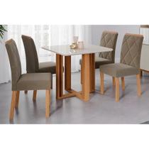Sala de Jantar Completa Flora c/ Tampo Madeirado c/ Vidro 95x95cm e 4 Cadeiras Fernanda Madeirado/Suede Joli Capuccino - Cimol Sala de Jantar Completa Flora c/ Tampo Madeirado c/ Vidro 95x95cm e 4 Cadeiras Fernanda Madeirado/Suede Joli Capuccino - Cimol