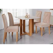 Sala de Jantar Completa Flora c/ Tampo Madeirado c/ Vidro 95x95cm e 4 Cadeiras Fernanda Nature-Madeirado/Suede Nude Bege - Cimol Sala de Jantar Completa Flora c/ Tampo Madeirado c/ Vidro 95x95cm e 4 Cadeiras Fernanda Nature-Madeirado/Suede Nude Bege - Cimol