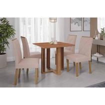 Sala de Jantar Completa Flora Tampo Madeirado 95x95cm e 4 Cadeiras Fernanda Cinamomo - Carvalho/Linho Bege - Cimol