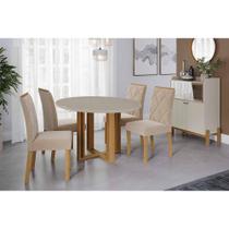 Sala de Jantar Completa Flora Tampo Madeirado c/ Vidro 109cm e 4 Cadeiras Fernanda Cinamomo/Off White - Carvalho/Linho Bege - Cimol