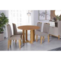 Sala de Jantar Completa Flora Tampo Madeirado c/ Vidro 109cm e 4 Cadeiras Paola Cinamomo/Off White - Carvalho/Linho Grafite - Cimol