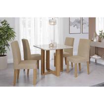 Sala de Jantar Completa Flora Tampo Madeirado c/ Vidro 95x95cm e 4 Cadeiras Maia Cinamomo/Off White - Nature/Suede Gengibre Bege - Cimol